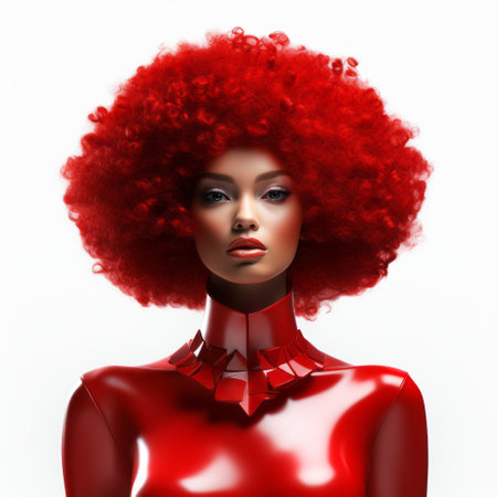 a stunning portrait of a woman with beautiful red afro hair, captured in a flat lay style. the 3d realistic isolated portrait showcases a futuristic digital art aesthetic. the photo, taken with provia, highlights the shiny and glossy features of the subject's hair. the woman is adorned in sculptural costumes, reminiscent of the mono-ha art movement. the overall effect is enhanced by the matte finishの素材