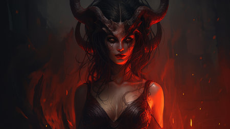 a female demon with horns stands in front of a red fireplace, depicted in a hyperrealistic style. this detailed character illustration showcases elements of voidcore and burnedcharred aesthetics. the charming character is brought to life through chiaroscuro portraits, while the luminous palette adds depth and intensity to the image. ai generatedの素材