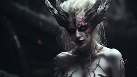 a woman dressed in ethereal horror-inspired armor, adorned with horns and striking makeup, captivates in this image. the dark white and red color scheme adds to the dramatic ambiance, while hyper-realistic details and dramatic shadows enhance the overall effect. shot on 70mm film, this image exudes a darkly romantic and captivating vibe, reminiscent of hauntingly beautiful illustrations. ai generatedの素材