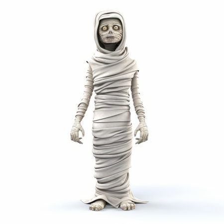 a human mummy, adorned in a cloak, is depicted in a cartoonishly innocent style. the realistic yet stylized figure stands against a white background, showcasing twisted characters. this unique artwork, created using maya, showcases a monochromatic sculptor's talent. keywords: human mummy, cloak, cartoonish innocence, realistic, stylized, white background, twisted characters, kimoicore, maya, monochromatic sculptor. ai generatedの素材