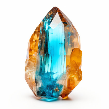 a blue-orange colored crystal is placed on a white background, showcasing a unique blend of light amber and azure tones. the split toning technique adds a touch of elegance with light gold and dark cyan hues. this stonepunk-inspired artwork exudes a humble charm, characterized by sharp brushwork and vibrant exaggeration. ai generatedの素材