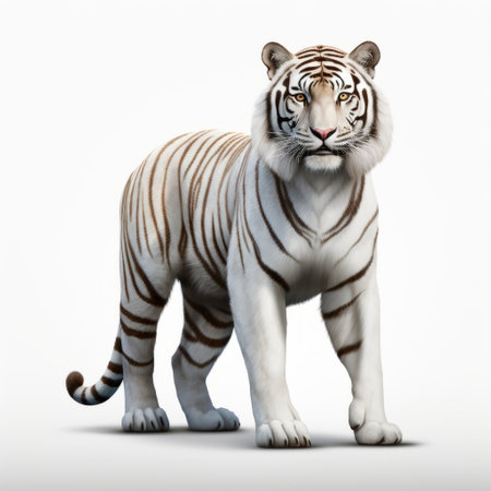 a white tiger stands majestically against a white background in this hyper-detailed, realistic rendering. the character of the tiger is beautifully captured, showcasing its light orange and white striped fur. this stunning photograph, reminiscent of a national geographic image, is a testament to the power and beauty of these rare creatures. ai generatedの素材