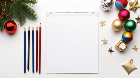 empty notepad and christmas ornaments arranged on a white background in a top view. the composition resembles an academic painting, with a minimalist stage design. this uhd image, commissioned for johannes jan schoonhoven, features a blend of red and blue colors. the use of sheet film adds a touch of artistic flair to the overall aesthetic. ai generatedの素材