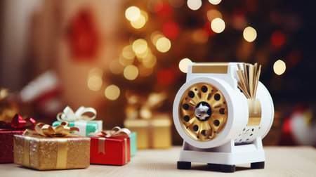 a futuristic, white and gold christmas tree adorned with presents takes center stage in this captivating photo. the mechanical precision of a gift cutter adds a unique touch, while the sleek metallic finish of the pentax spotmatic camera captures every detail. created by joel robison in the style of aetherclockpunk, this image beautifully combines elements of the holiday season with a money-themed twist. ai generatedの素材