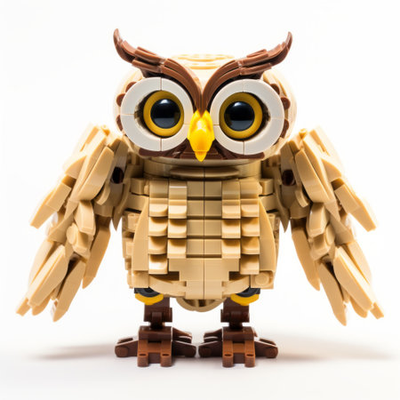 akihiko yoshida-inspired lego minifig toy owls featuring industrial and product design elements. these light brown and beige owls showcase exaggerated proportions and a modular design. captured with a wide-angle lens, the photo highlights their raw vulnerability. ai generatedの素材