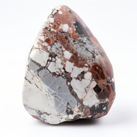 red and white marble natural stone from oklahoma, sculpted in the style of a single object. the stone features a combination of light sky-blue and dark brown hues, with soft and rounded forms. made of crystals, this paleocore sculpture showcases the skill and artistry of the sculptor. ai generatedの素材