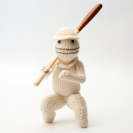 crocheted sock puppet baseball player with bat, showcasing a unique blend of linear surrealism and prehistoric art. the white background enhances the vibrant colors of this national geographic photo, while the muted tonality adds a touch of mystery. this captivating piece also reflects the artistic influences of burma and the emerging trend of frogcore. ai generatedの素材