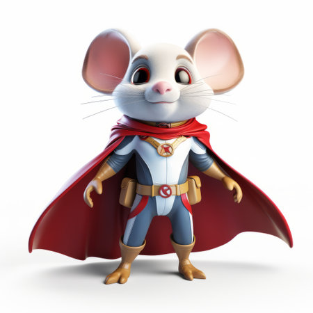 a mouse wearing a superhero costume, in light white and crimson colors, reminiscent of animated film pioneers. the lifelike renderings capture the youthful protagonists with cartoonish figures and shiny eyes, creating a romanesque aesthetic. ai generatedの素材