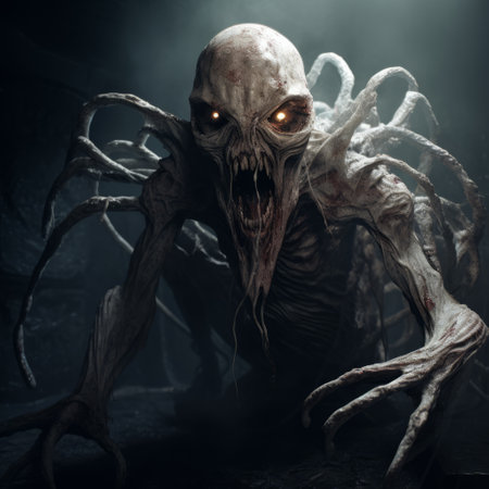 a scary monster with two raised hands emerges from the darkness, rendered in the style of unreal engine. this structured chaos creation showcases fantastical and otherworldly creatures, featuring skull motifs and xbox 360 graphics. powered by intel core, this eerie and captivating image embodies the essence of the miniaturecore genre. ai generatedの素材