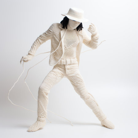 a person wearing a brown hat is captured inside a fabric, reminiscent of the artistic styles of adam martinakis and kara walker. the hat is knitted and crocheted, adding a unique texture to the image. the person's full body is visible, creating a sense of presence. this composition evokes the essence of frank stella's junglecore aesthetic. ai generatedの素材