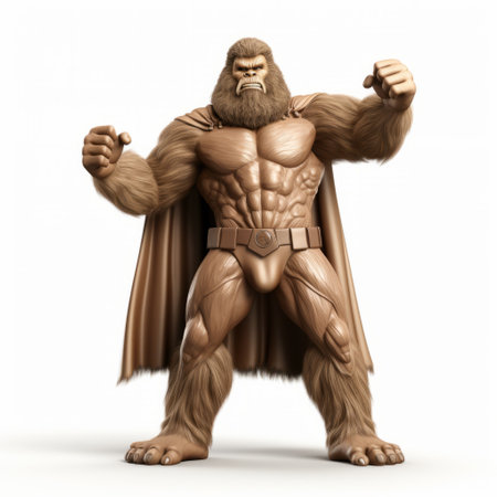 a man in a bear costume stands against a white background, resembling a character from dc comics. the photo has a sepia tone, with stone sculptures in the background, creating a sense of a gigantic scale. the man's costume appears smooth and shiny, reminiscent of the work of artist alex petruk ape. the image was rendered using octane render. ai generatedの素材