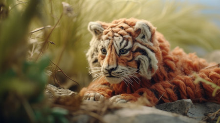 a stuffed tiger, crafted with layered fibers, rests on a bed of rocks. the composition of the photo is reminiscent of cinematic scenes, showcasing intricate miniatures and employing photo-realistic techniques. the vibrant storytelling is enhanced by close-up shots, capturing the essence of carpetpunk aesthetics. ai generatedの素材