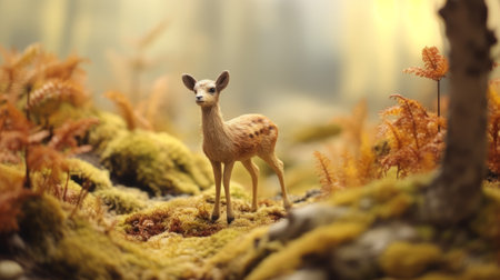 a toy deer stands gracefully amidst a lush forest, captured in the style of meticulous photorealistic still lifes. this artwork showcases delicately rendered landscapes, shot on 70mm film, with a color palette of light brown and yellow. the result is a stunning blend of realistic fantasy artwork, reminiscent of portrait miniatures, and dreamy, blurred landscapes. ai generatedの素材