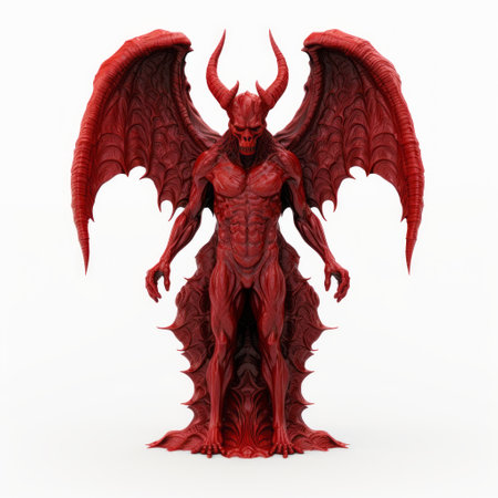 a 3d printed red devil statue, featuring isolated figures in a gothic illustration style. the statue showcases realistic color schemes and a full body design. with symmetrical chaos, it captures a realistic portrayal of light and shadow. the white background enhances the overall aesthetic. ai generatedの素材