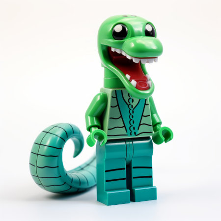 a lego dragon, inspired by bill watterson's style, stands with its mouth wide open against a white background. this surrealistic and humorous creation, made entirely of plastic, showcases intricate details and vibrant colors. the dragon's presence exudes a sense of awe and wonder, capturing the imagination of viewers. ai generatedの素材