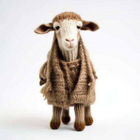 a knitted sheep, dressed in a cozy woolen jacket, is captured in this tabletop photograph. the image showcases the intricate details of the sheep's design, highlighting the artistry of textile arts. with a resolution of 32k uhd, the brown-colored sheep stands as a full-body object portraiture specialist, embodying the unique style of angura kei. ai generatedの素材