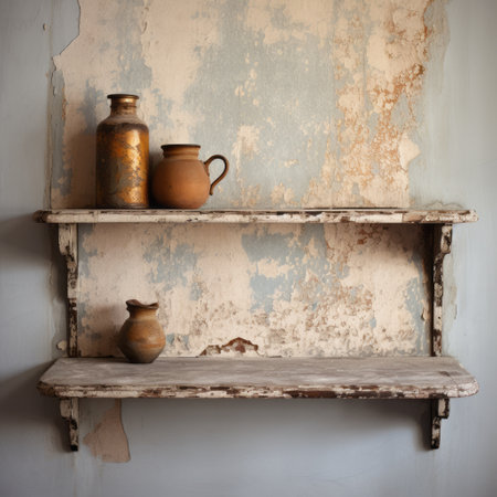 a wall adorned with a shelf displaying a collection of vintage vases. the distressed and weathered surfaces add a touch of rustic charm to the scene. the soft focus enhances the romanticism of the composition. splattered paint accents give it a folk art-inspired feel. shot on 70mm film, the image captures the soggy yet eco-friendly craftsmanship of the vases. ai generatedの素材