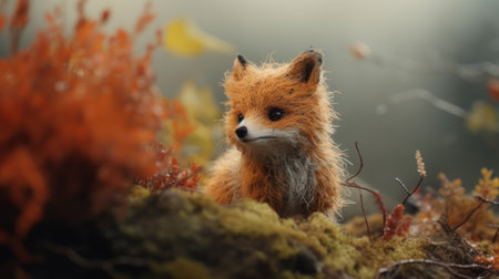 a little red fox, rendered in cinema4d by olivier valsecchi, sits on the ground in a forest. this adorable toy sculpture captures the detailed atmospheric portrait of the fox in close-up shots. with its intricate design and miniatures, it's no wonder this artwork was a contest winner. ai generatedの素材