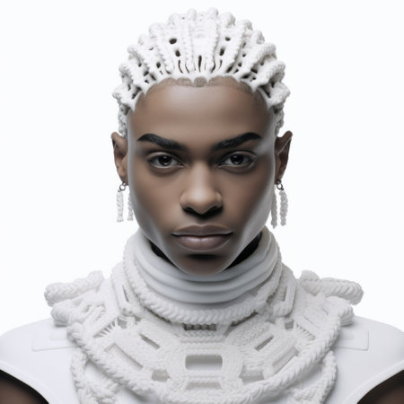a photo featuring a person wearing a white outfit and sporting white hair, showcasing the afrofuturism style. created using cinema4d, the image highlights modern jewelry and incorporates focus stacking techniques. influenced by afro-caribbean culture, the outfit is made of rubber and presented in a monochrome toning. ai generatedの素材