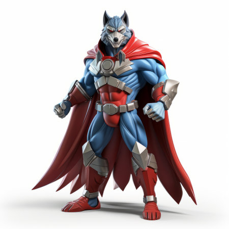 a cat wearing a red cape and cap, rendered in the style of octane render. the image features a dark silver and blue color scheme, with simplified dog figures in the background. created by marc silvestri, the cat's strong facial expression exudes power and determination. the overall composition is dynamic and action-packed, showcasing a steel-like intensity. ai generatedの素材