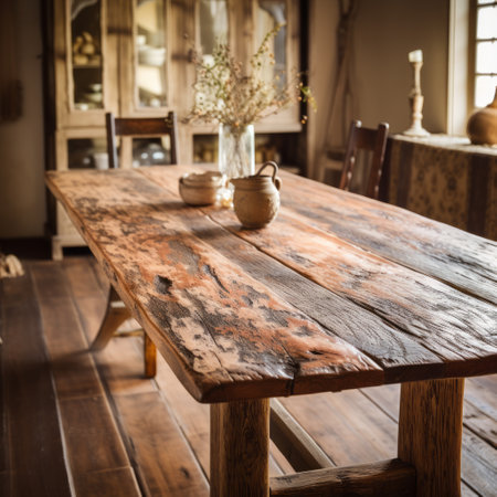 a dining table featuring distressed and weathered surfaces, showcasing a timber frame construction. the table is adorned with several small dishes, evoking a historical inspiration from the great depression era. soft light enhances the ambiance, while the manapunk aesthetic adds a unique touch. the strong use of contrast further highlights the table's rustic charm. ai generatedの素材