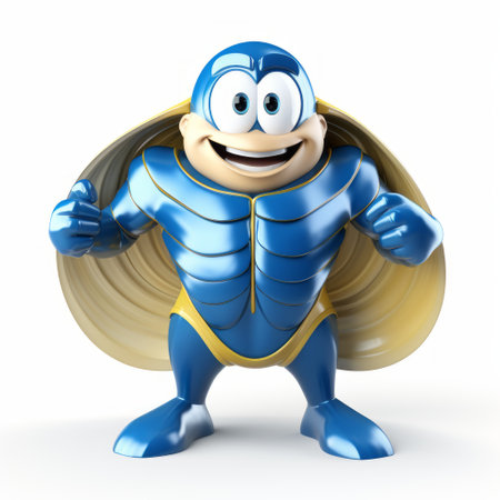 a4-sized megaman comics cartoon character rendered in the style of yves klein and richard doyle. the character features a light gold and dark blue color scheme, with curvaceous simplicity and a strong facial expression. the artwork evokes the artistic influences of damien hirst, resulting in a visually striking and dynamic portrayal of the beloved video game character. ai generatedの素材