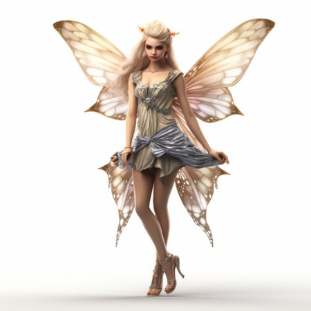 a 3d image of a fairy girl with long golden hair and wings, dressed in an elegant and light silver costume with dark beige accents. the costume features vibrant colors inspired by insects, creating a fawncore aesthetic. the image showcases realistic color schemes and contoured shading for a lifelike appearance. ai generatedの素材