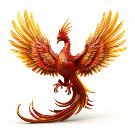 a photo of a yellow and blue flame phoenix frog, depicted in a fantasy character style. the frog is light red and bronze in color, resembling the artwork of john howe and kevin sloan. the image is isometric, showcasing the smooth and shiny texture of the frog's dark red and emerald body. ai generatedの素材