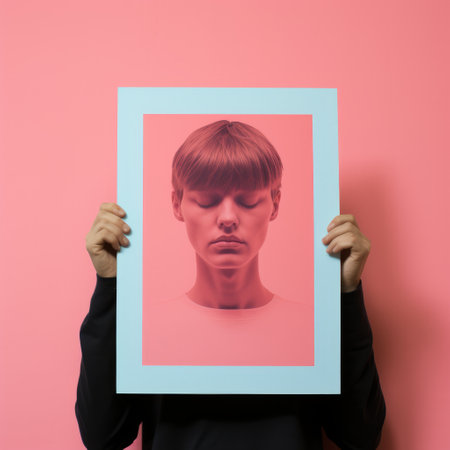 a person is seen holding up a pink framed poster, showcasing an enigmatic portrait. the intense color saturation adds to the captivating effect of the image. the portrait is deliberately genderless, with a strong emphasis on the facial expression. the use of light red and light azure hues creates a striking contrast. this photograph exemplifies stereotype photography and employs monochromatic color schemes. ai generatedの素材