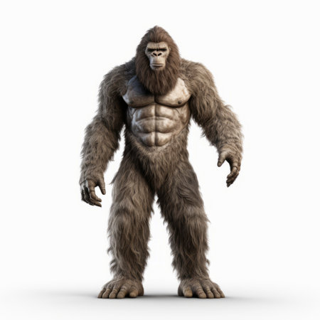 a massive male gorilla, depicted in a photorealistic rendering, stands with its arms raised. the gorilla's fur is a combination of light white and light brown, creating a striking contrast. the scene is filled with spiky mounds and detailed costumes, while mottled and grotesque characters surround the isolated figures. ai generatedの素材