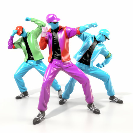 a group of cartoon characters, wearing colorful suits, strike dynamic poses in a breakdance-inspired photography style. the image showcases vibrant colors, with a mix of light cyan and magenta hues. the characters' metallic rotation adds an eye-catching element to the composition. this lively scene is captured using the ferrania p30 film. ai generatedの素材