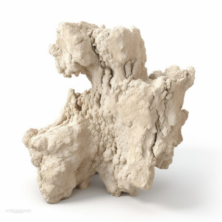 a large rock, rendered in maya, is positioned on the edge of a white surface. this organic biomorphic sculpture showcases a unique blend of beige tones and low resolution details. with elements reminiscent of bombacore and bone, this artwork exudes a captivating and gritty aesthetic. ai generatedの素材