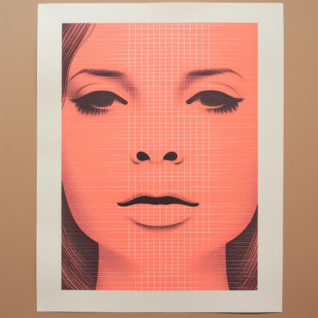 a woman is captured in a pink portrait, reminiscent of graphic design poster art. the image showcases detailed crosshatching and silkscreen techniques, with a color palette of dark orange and light gray. the highly detailed composition presents a frontal perspective, highlighting the woman's shiny eyes. ai generatedの素材