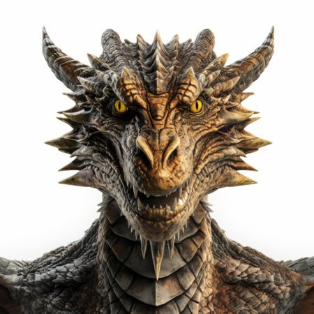 a photo of a brown dragon with yellow eyes, representing the game of thrones 2 game. the dragon icon is rendered in unreal engine, showcasing intricate details and layered compositions. the emphasis is on the dragon's facial expression, capturing its fierce and captivating presence. this national geographic photo highlights the realistic and immersive nature of the game. ai generatedの素材