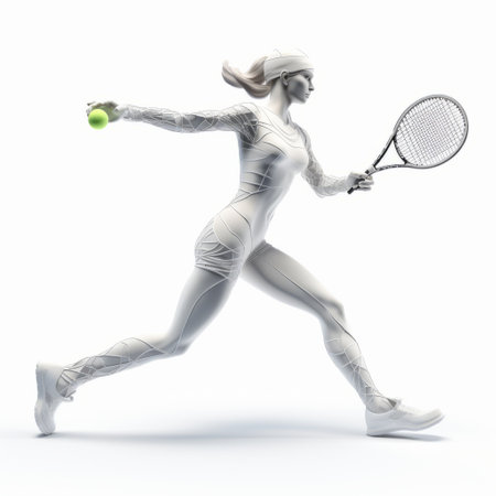 a female tennis player model depicted in monochromatic white figures, showcasing body extensions and organic sculpting. the xbox 360 graphics bring out the intricate details of the player's costume, while the eye-catching composition captures the intensity of her running towards the ball. this stunning representation is reminiscent of the artistic style of rupert bunny. ai generatedの素材
