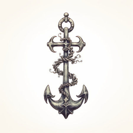 a large anchor tattoo with intricate vines, created in an aggressive digital illustration style. the tattoo features detailed cross-hatching, using dark silver and beige colors. the isolated figures and detailed miniatures add depth to the design, reminiscent of dansaekhwa art. this tattoo is a stunning example of illustrative body art. ai generatedの素材