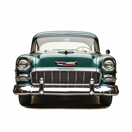 a green and white car with the top down is captured on a white background, reminiscent of david burdeny's classic portraiture style. this image exudes classic americana vibes, with its dark turquoise and bronze color scheme. the composition showcases symmetry and repetition, drawing inspiration from the works of august sander and gil elvgren. ai generatedの素材