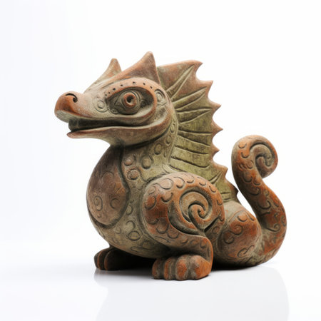 ancient stone dragon from mexico captured in a vintage art print. this dragon holds great significance as a sacred animal in mayan culture. the print showcases the dragon in the style of adorable toy sculptures, with a low depth of field that adds depth and intrigue. the terracotta medallions and contemporary ceramics further enhance the artistic appeal. the use of traditional japanese techniques adds aの素材
