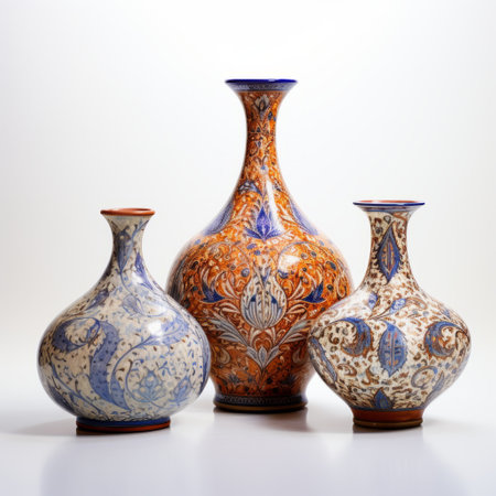three brown vases, inspired by persian miniature style, are displayed together. these elegant vases feature intricate patterns in light orange and azure, reminiscent of jewelry created by painters and sculptors. against a white background, the bold and colorful vases showcase a large-scale design with classical symmetry. ai generatedの素材