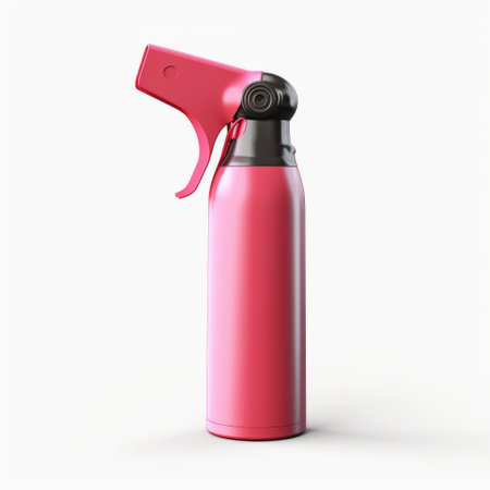 pink spray bottle 3d stock with a black plastic top, featuring a stylized violence theme. this 21st-century design, rendered in cinema4d, showcases the salon kei brand. against a white background, the bottle stands out with its light orange and red accents, creating a striking and harshly realistic visual. ai generatedの素材
