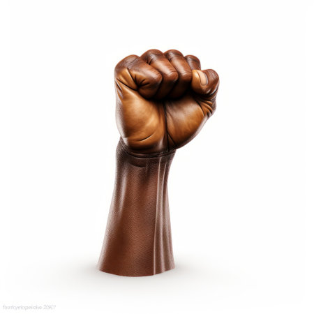 a fist of muscle, in the style of afrofuturism, is depicted against a white background. the dark bronze color adds a striking contrast to the composition. captured with the steinheil quinon 55mm f19 lens, the image showcases bold character designs and realistic forms. this artwork also reflects environmental awareness, embodying the concept of havencore. ai generatedの素材