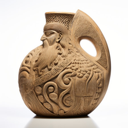 a vase featuring a painted man in the style of celtic knotwork, filip hodas, aleksandr deyneka, maori art, evgeni gordiets, and biblical iconography. this unique artwork combines elements of nature and man-made designs, creating a captivating and intricate piece. ai generatedの素材