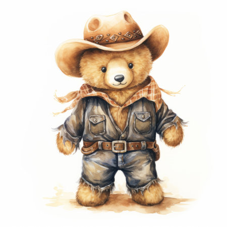 a cute teddy bear dressed as a cowboy stands in the picturesque lincoln country. this watercolor illustration captures the essence of the wild west with its quadratura and nave drawing style. the photorealistic wildlife art adds a touch of realism to this beautifully composed illustration. ai generatedの素材