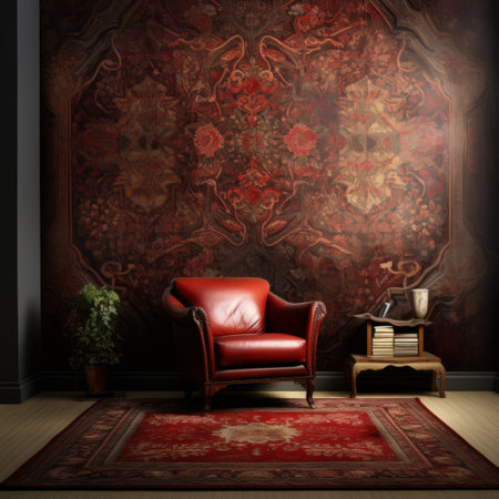an old antique chair is positioned in front of a wall adorned with a renaissance-inspired rug. the chiaroscuro effect adds depth to the dark crimson and light crimson hues. this high-resolution 8k photo showcases the intricate details of the large-scale murals, creating a realistic and visually captivating scene. ai generatedの素材