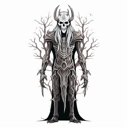 a full body tattoo design inspired by the lord of the rings, featuring gothic dark and macabre elements. the design showcases twisted branches, contrasting dark and light shades of white, and intricate costumes. the character design has a cartoonish touch, reminiscent of the unique style of anton semenov. ai generatedの素材