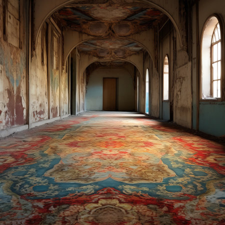 abandoned hallway featuring a rich tapestry of colors, with blue carpet and a ceiling reminiscent of italian landscapes. the combination of light red and dark beige creates a captivating contrast, while hints of dark red and light cyan add depth. the use of fabric and gothic ornamentation enhances the overall aesthetic. this aerial photograph captures the haunting beauty of the forgotten space. ai generatedの素材