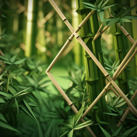 a 3d forest scene featuring bamboo trees and bamboo fencing, created using digital art techniques. the artwork showcases a blend of organic and geometric shapes, reminiscent of makoto shinkai's style. the tangled forms and frequent use of diagonals add depth and movement to the composition. the image is texture-rich, highlighting the beauty of nature and promoting environmentalism. ai generatedの素材