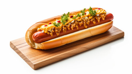 hot dog on wooden base with garnishes, featuring a rollerwave-inspired style. this large-scale photograph showcases elements of hallyu, caninecore, and neogeo aesthetics. the innovative techniques used in this mcdonaldpunk-inspired image create a visually striking and unique composition. ai generatedの素材