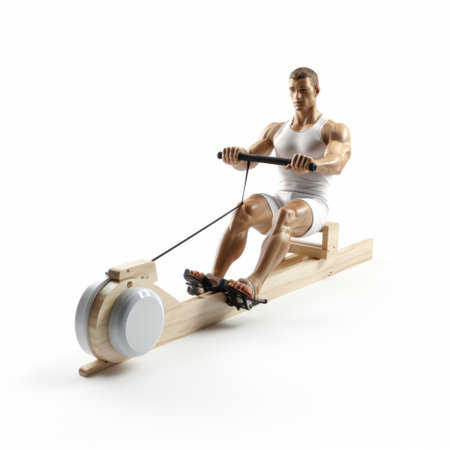 a man is rowing on a rowing machine, showcasing a lifelike figure with a light brown and white color scheme. the craftsmanship of the piece is eco-friendly, reminiscent of the styles seen in the works of kurzgesagt and ron mueck. the scene evokes a sense of historical significance, reminiscent of the artistry seen during the 1000-1400 ce period, with a touch of modernity inspired byの素材