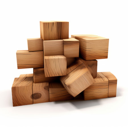 a stack of wood blocks, arranged in rows resembling three-dimensional puzzles, showcases the precisionism influence. the rough clusters create a realistic yet stylized effect, portraying a sense of contained chaos. this unique arrangement, reminiscent of the unconventional poses often seen in the works of ron arad, adds an artistic touch to the composition. ai generatedの素材